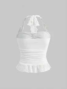 ROMWE Goth 哥特风 Y2K 性感撞色蕾丝露脐吊带短款上衣，交叉腰部褶皱紧身设计 - 白色 - 查看 2