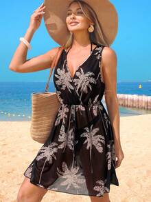 Swim Lushoire 女士无袖系带沙滩连衣裙/罩衫，春夏款 - 黑色 - 查看 4