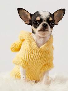 PETSIN 1 件防貂毛绒宠物连帽无袖连帽衫带耳朵，黄色毛绒厚保暖宠物服装 - 黃色 - 查看 4