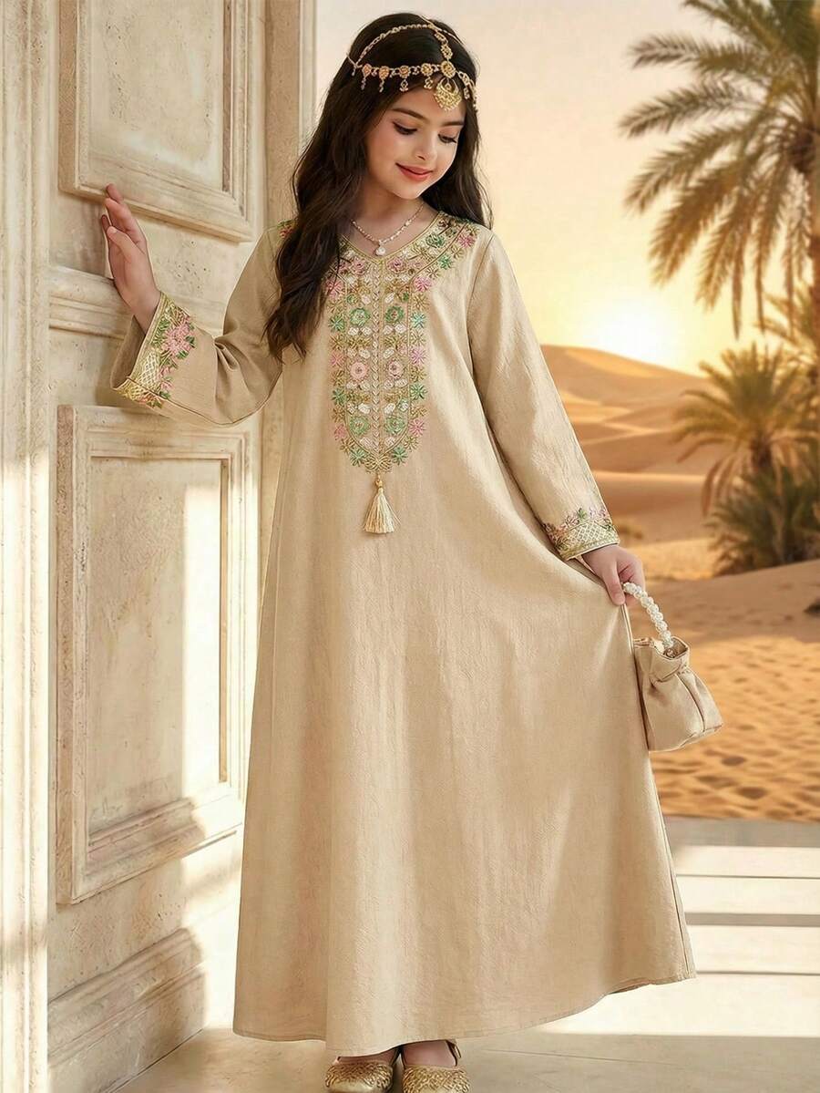 SHEIN Áo choàng dáng rộng cổ chữ V, chất liệu kim loại, có tua rua, thích hợp cho bé gái tuổi teen. - màu xanh lá - Xem 1