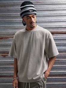 AXEPEAK Men's Letter Embroidery Round Neck Casual Loose T-Shirt - Light Grey - View 2