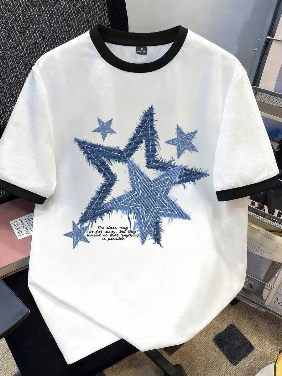 Manfinity Joysei Standard Size Men's Slogan & Pentagram Print Round Neck Short Sleeve Casual T-Shirt - Black and White - View 1