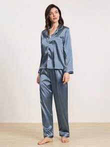 2 件套女士纯色缎面睡衣套装，长袖有领衬衫和长裤家居服，适合家居服、秋冬装、秋季服装 - 彩色 - 查看 4