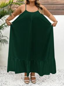 SHEIN CURVE+ Solid Color Plus Size Tank Top Swing Dress,Long Vacation Dress, Wedding Anniversary, White Dress, Long White Dress Boho Vacation, Summer Dresses - Dark Green - View 3