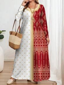 EMERY ROSE Đầm nữ dáng rộng, thanh lịch, in họa tiết cổ điển, tay dài, cổ tròn, màu trắng và đỏ, thích hợp cho mùa xuân, kiểu Abaya truyền thống Ả Rập, phù hợp cho mặc hàng ngày, lễ hội, đi chơi vào mùa xuân/hè, đầm maxi tay dài duyên dáng kiểu Ả Rập. - Nhiều màu - Xem 5