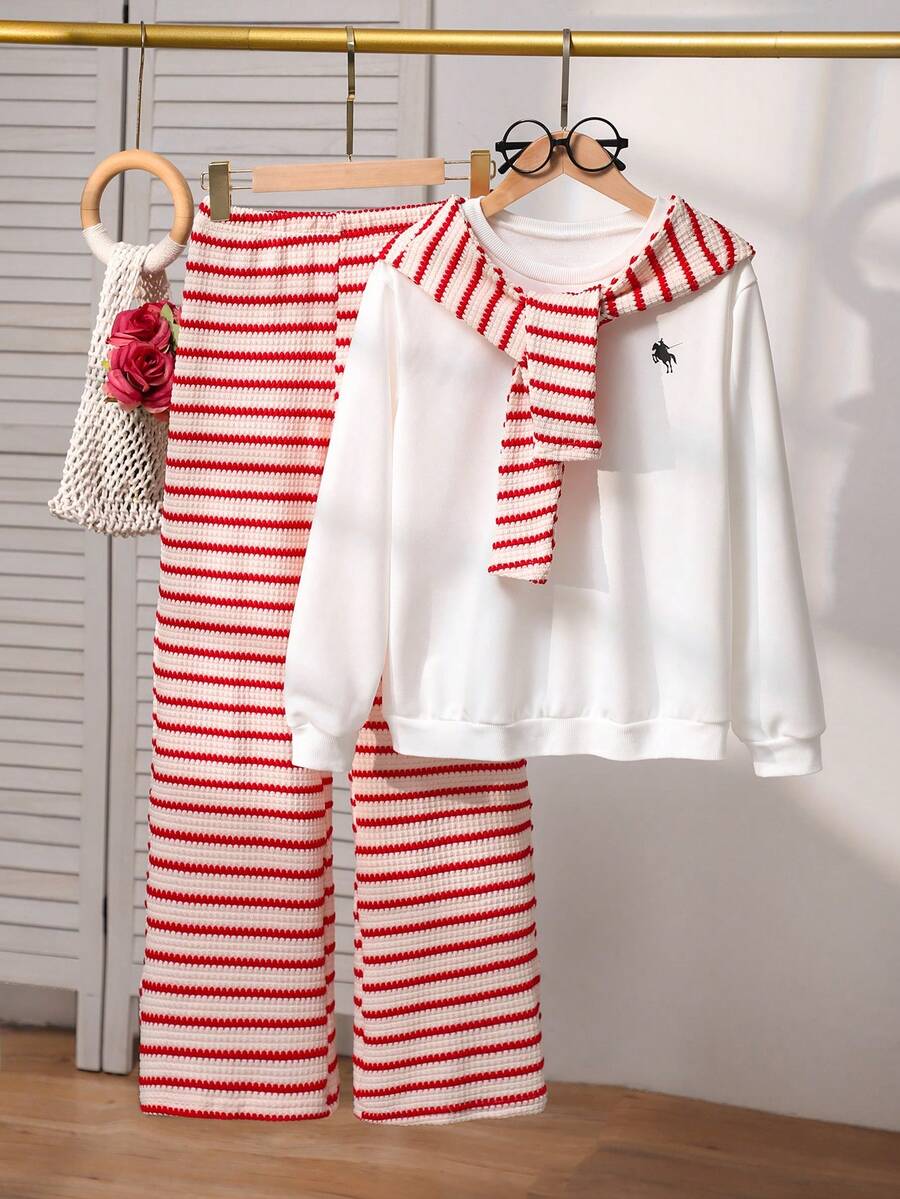 SHEIN Girls Oversized Hoodie + Striped Wide Leg Pants Set, Suitable For Spring And Autumn - Red - View 1