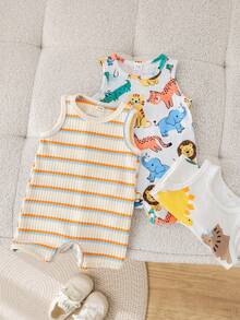 SHEIN 3pcs Newborn Unisex Baby Clothes, Baby Boy Cute Summer Casual Knit Cartoon Dinosaur Sleeveless Romper, Basic Multi-Pack - Multicolor - View 3