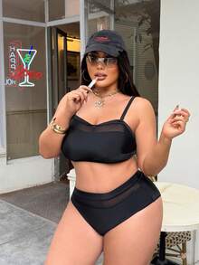 Swim SXY Plus Size Women Solid Color Lace Patchwork Sexy Minimalist Two Pieces Swimwear - Black - View 4