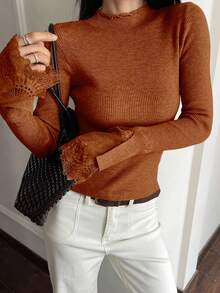 DAZY Lace Patchwork Slim Fit Women Pullover Sweater - Coral Orange - View 4