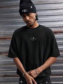 AXEPEAK 男士水钻几何图案圆领宽松休闲短袖T恤 - 黑色 - 查看 4