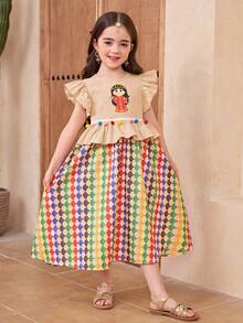 SHEIN Robe de vacances décontractée pour jeune fille, patchwork de couleur unie, fleurs marguerite en patchwork - Multicolore - Voir 5