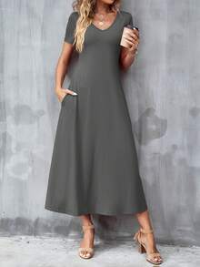 SHEIN Clasi 女士纯色V领短袖口袋休闲长裙 - 深灰色 - 查看 4