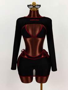 Amplova 2026 Women's New Sports Collegiate Style Long Sleeve Cropped Top, Halter Neck Tank, And Bodycon Mini Skirt Set - Black - View 3