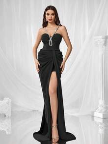 Coutiva Women's Solid Color High Slit Strapless Formal Evening Gown - Black - View 11