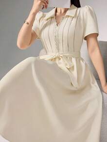 Heiryn Plus Size Women Contrast Lace Puff Sleeve Elegant Dress - Apricot - View 7