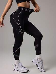 Dewbera 女士高腰无缝弹力运动紧身裤 - 黑色 - 查看 4