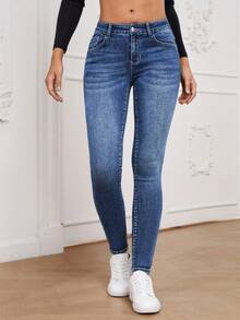 SHEIN Essnce Casual Washed Low-Rise Slim Fit Jeans - Medium Wash - View 3
