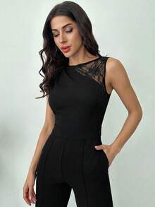 Firerie Women's New Sexy & Elegant Commuter Black Lace Patchwork Sleeveless Slim Fit Jumpsuit With Side Pockets - Black - View 6