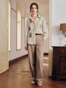 Anewsta Vintage Striped Shell & Starfish Embroidered Loose Long Sleeve Shirt - Khaki - View 6