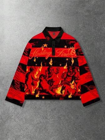 Street Life Herren Streetwear Grafik Muster gestreiftes Polokragen Langarm T-Shirt, Herbst/Winter