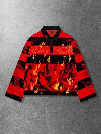 Street Life Maglietta a maniche lunghe da uomo con stampa grafica e righe, collo a polo, per autunno/inverno