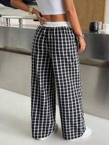 SHEIN EZwear 格子抽绳腰宽松阔腿梭织休闲裤 - 黑色 - 查看 2