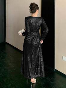 DAZY 优雅亮片连衣裙，高端奢华小众派对礼服闪亮连衣裙 - 黑色 - 查看 2