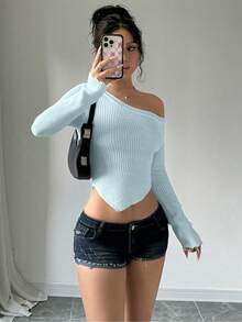 Flirla 1件女士性感露肩纯色不对称下摆毛衣 - 淺藍色 - 查看 5