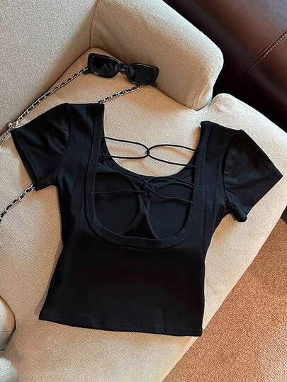 Franclia 女士纯色镂空加厚吊带短袖T恤