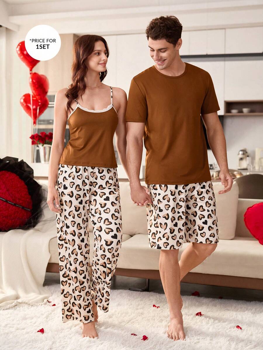 Men Loose Casual Leopard Print Heart Pattern Short Sleeve Shorts Pajama Set - Coffee Brown - View 1