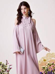 Al Najma 女士3D立体花卉装饰露肩长袖阿拉伯风格连衣裙 - 粉色 - 查看 11
