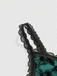 ROMWE Goth 夏季时尚交叉植绒网眼蕾丝边吊带背心 - 墨綠色 - 查看 4
