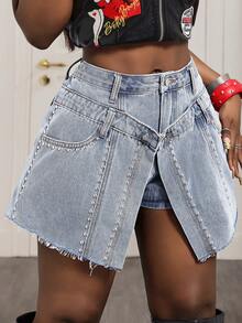 Slaydiva Quần short denim nữ màu trơn, hai lớp, cạp quần đính đinh tán và túi xéo. - Xám - Xem 5