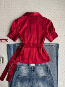 Glimmora Camisa de mujer de unicolor y manga corta minimalista, para uso casual diario - Rojo - Ver 2