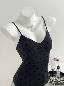 Elamini 女士休闲黑色植绒波点性感V领蕾丝边拼接吊带背心，夏季 - 黑色 - 查看 7