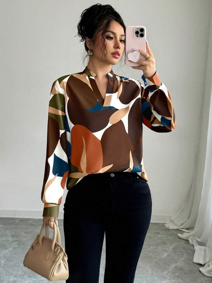 Elenzga Blusa holgada con estampado todo sobre, cuello con muesca y mangas farol, estilo casual de vacaciones para mujer, primavera/otoño