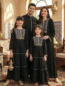 SHEIN Young Girl Stunning Girls' Dress, Black Base With Exquisite Colorful Printed Pattern, Decorated With Vintage Beaded Tassel At Neckline And Cuffs, Playful Bow Design At Waist For Elegant Look, Multi-Layer Skirt For Flowing And Dynamic Style, Providing Children With A High-End And Unique Vibe! Abaya Jalabiya Traditional Arabic Clothing - Black - View 1