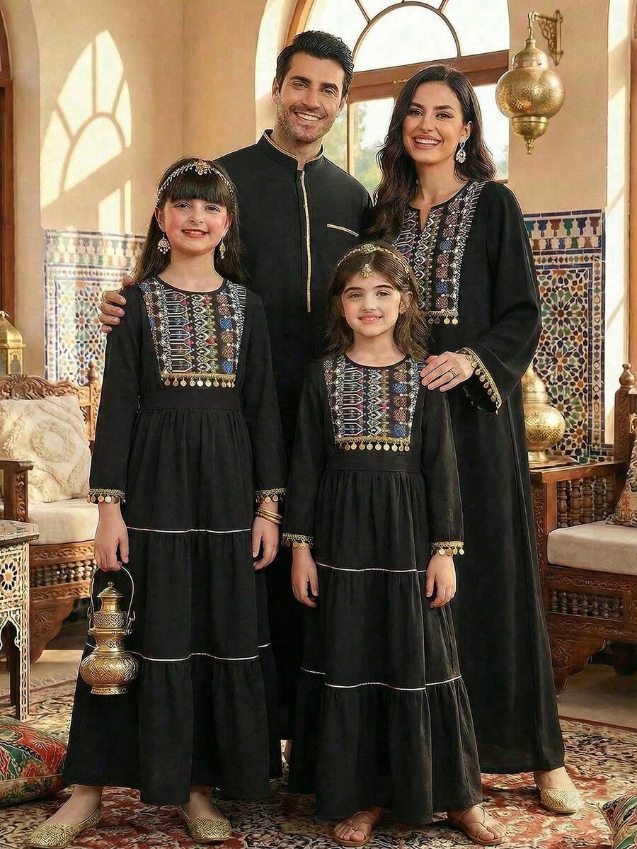 SHEIN Young Girl Stunning Girls' Dress, Black Base With Exquisite Colorful Printed Pattern, Decorated With Vintage Beaded Tassel At Neckline And Cuffs, Playful Bow Design At Waist For Elegant Look, Multi-Layer Skirt For Flowing And Dynamic Style, Providing Children With A High-End And Unique Vibe! Abaya Jalabiya Traditional Arabic Clothing - Black - View 1