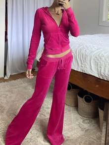 INAWLY 2pcs Women's Solid Color Front Zipper Long Sleeve Hoodie With Pocket And Front Tie Waist Pants Casual Set Fall Cloth For Women, Christmas - Hot Pink - View 1