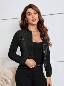 EMERY ROSE 女士休闲水洗短款牛仔外套 - 黑色 - 查看 3