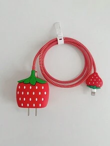 4pcs Red Cartoon Cute Strawberry & Apple Phone Charger Protective Shell, Data Cable Protector, Connector Case Compatible With Apple 18/20W Charger And Data Cable, Tangle-Free Storage, Anti-Collision, Scratch And Dirt Resistance Protection - Red - View 7