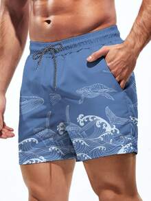 Manfinity Swimmode Men's Wave Print Drawstring Waist Pocket Beach Shorts