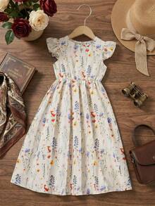 少女碎花飘逸连衣裙，腰部系带，夏季度假风 - 杏色 - 查看 3