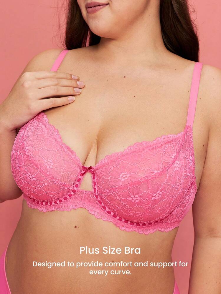 Soutien-gorge de lingerie d'intimité romantique pour la Saint-Valentin, avec une couverture complète, respirant, sans doublure, en dentelle rose élégante et détail de trou de serrure en maille, pour les courbes, effet minimisateur, cadeau