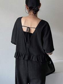 FRIFUL Women's Solid Color Textured Fabric Backless Tie-Up Bow Loose Casual Jumpsuit, Suitable For Spring And Summer Jumpsuit Lounge Sets For Women - Black - View 6