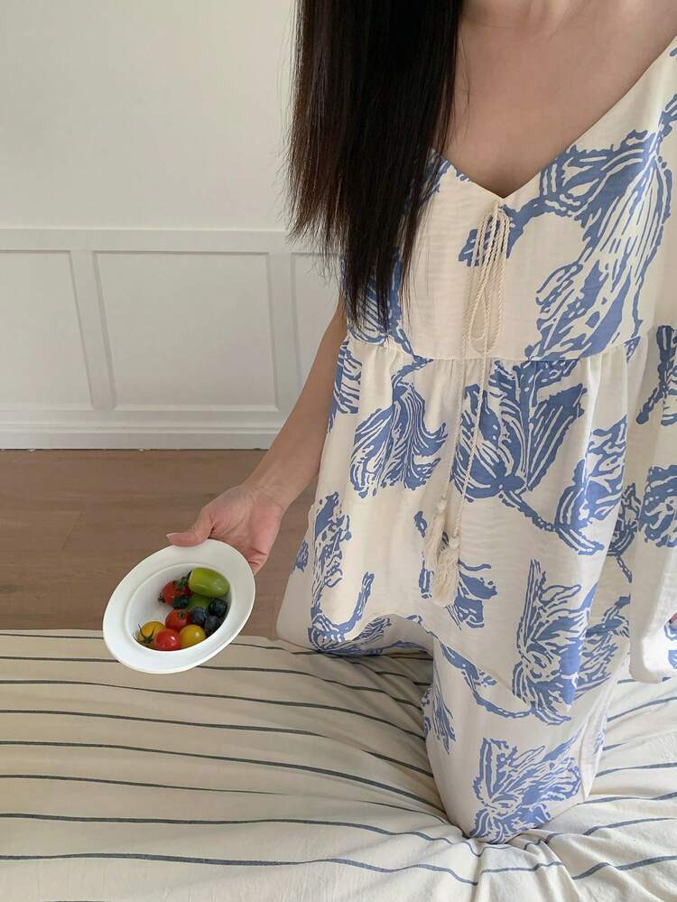 Dazy Plus 2pcs Sleepwear Set: Loose Long Nightgown And Wide-Leg Pajama Pants, Spring/Summer