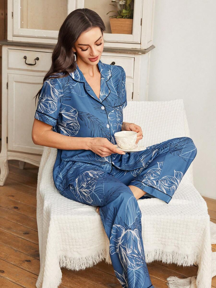 SHEIN Women's Leaf Pattern Lapel Pajama Set - Blue - View 1
