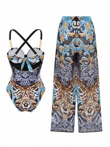 Swim Oasis 女士夏季度假休闲沙滩装豹纹连体两件式可调节肩带比基尼泳衣套装，含时尚罩衫 - 彩色 - 查看 2