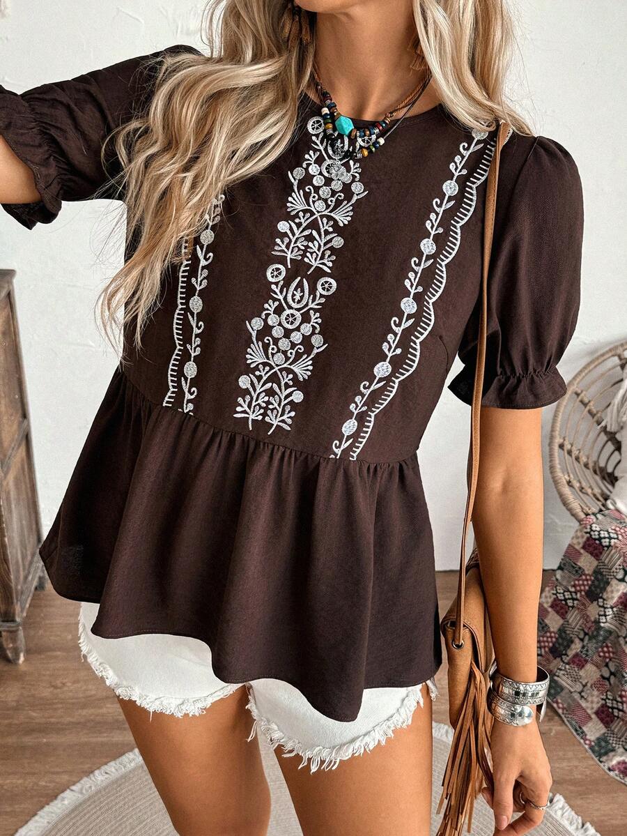 LanaWest Floral Embroidery Puff Sleeve Casual Vacation Shirt - Coffee Brown - View 1