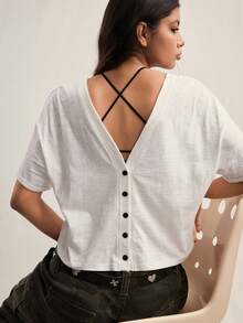 Easelle Casual Slim Fit White Cotton Women's T-Shirt With Front Buttons, White, Spring/Summer, Versatile, Retro, Casual - White - View 5